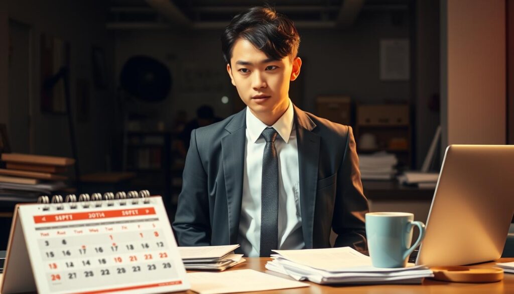 A neatly dressed young Japanese professional standing in a dimly lit office, their face conveying a mix of anxiety and determination. In the foreground, a calendar and a desk strewn with documents, symbolizing the challenges of self-managing the job search process. The middle ground features a laptop and a cup of coffee, hinting at the long hours spent researching opportunities. The background is blurred, but suggests a cluttered, corporate environment, adding to the sense of overwhelming responsibility. Warm, directional lighting from the side creates dramatic shadows, heightening the tension and introspective mood.