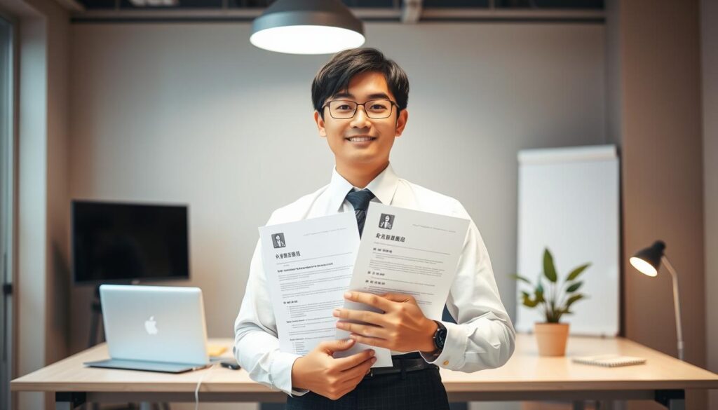 A neatly dressed young Japanese professional standing in a well-lit office, confidently holding a resume in their hands. The background features a sleek, modern desk setup with a laptop, stationery, and a potted plant, conveying a sense of focus and organization. Soft, diffused lighting from overhead sources creates a warm, inviting atmosphere, highlighting the individual's determination and preparedness for the journey towards becoming a full-time employee. The composition emphasizes the central figure, their body language and facial expression reflecting a sense of purpose and resolve.