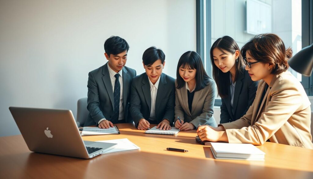 A neatly organized checklist showcases essential preparations for a successful mid-career job transition. The scene depicts a clean, minimalist workspace with a laptop, pen, and notebook on a wooden desk, bathed in warm, directional lighting from a large window. Five smartly dressed young Japanese professionals, men and women, gather around the desk, intently reviewing the checklist together. Their focused expressions and body language convey a sense of determination and collaboration as they strategize their next career moves. The overall atmosphere is one of quiet confidence and measured optimism, capturing the spirit of a mature, well-planned transition to a new professional chapter.