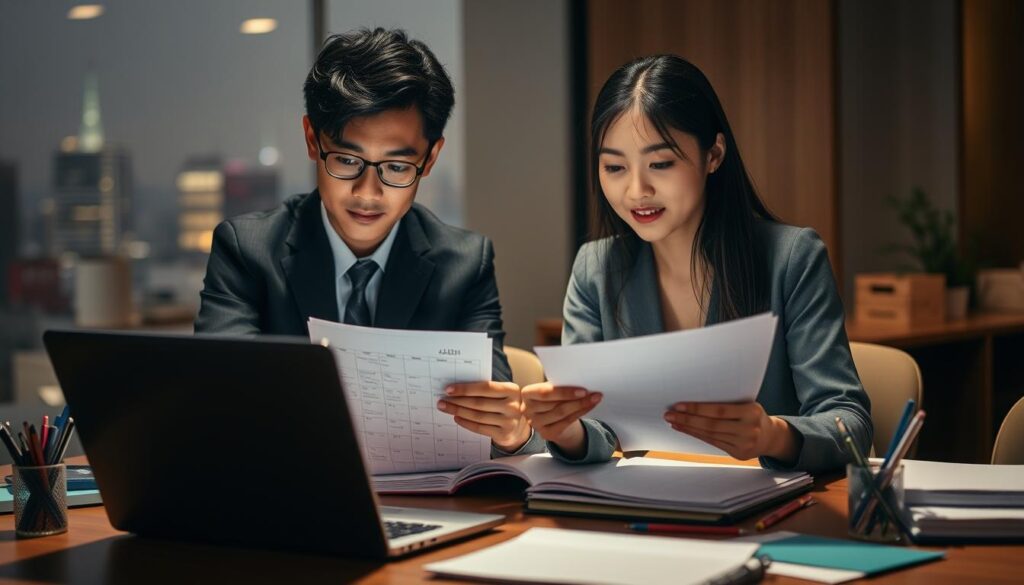 A neatly organized desk with a calendar, laptop, and stationery, illuminated by warm lighting. Two young Japanese professionals, one male and one female, intently reviewing documents and schedules, their expressions focused and determined. The scene conveys a sense of diligence and careful planning as they navigate the complexities of the public service exam preparation process. The background features a subtle blurred cityscape, hinting at the broader context of their career aspirations.
