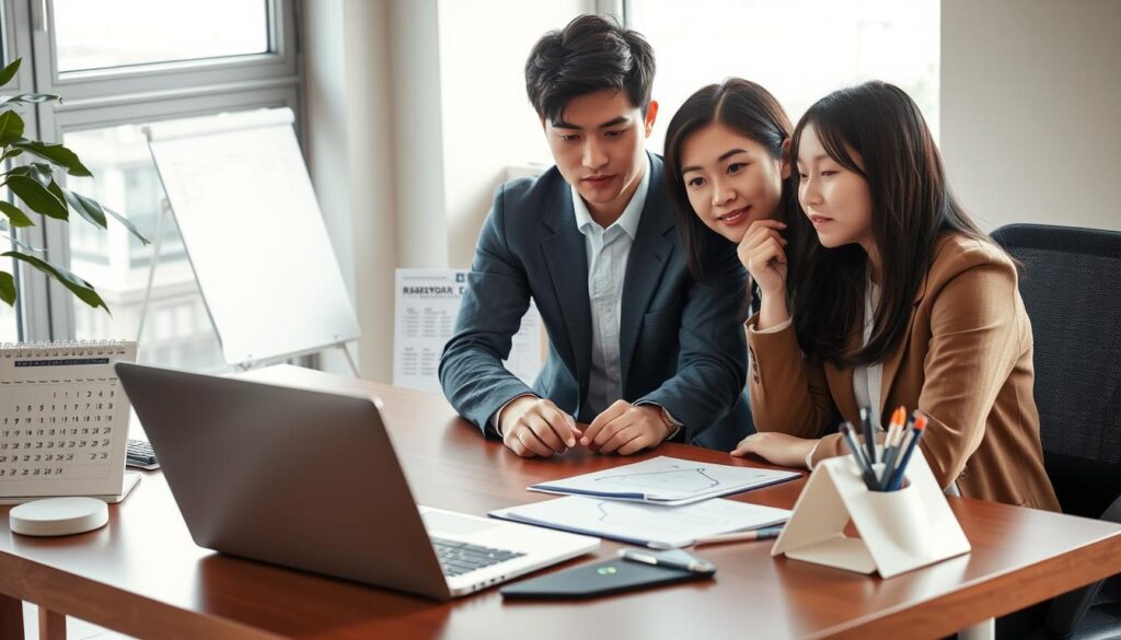 A neatly organized desk with a laptop, calendar, and a pen holder. Three young Japanese-looking professionals sitting around the desk, engaged in a collaborative discussion. Soft natural lighting filters through large windows, creating a warm, focused atmosphere. The group examines a framework diagram displayed on the laptop screen, considering their short-term goals and strategies. Expressions are thoughtful, conveying a sense of purpose and determination. The scene captures the process of setting a clear, actionable framework for achieving professional objectives.