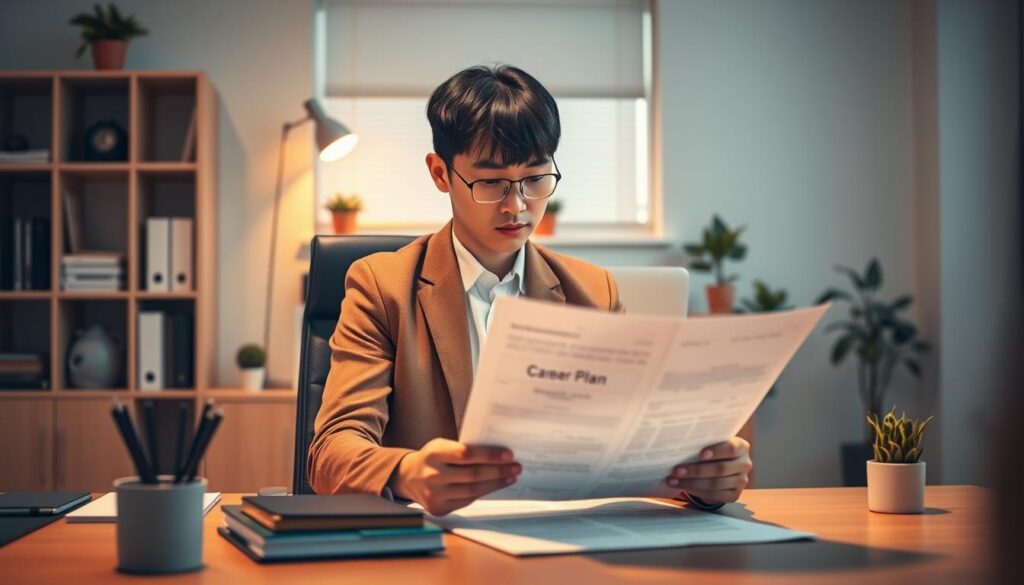 A neatly organized office scene with a young Japanese professional sitting at a desk, studying a career plan document intently. Warm, directional lighting illuminates their focused expression, conveying a sense of determination and purpose. In the background, a minimalist workspace with bookshelves and potted plants creates a calm, productive atmosphere. The overall mood is one of thoughtful introspection, as the individual contemplates their path forward, ready to take control of their career trajectory.