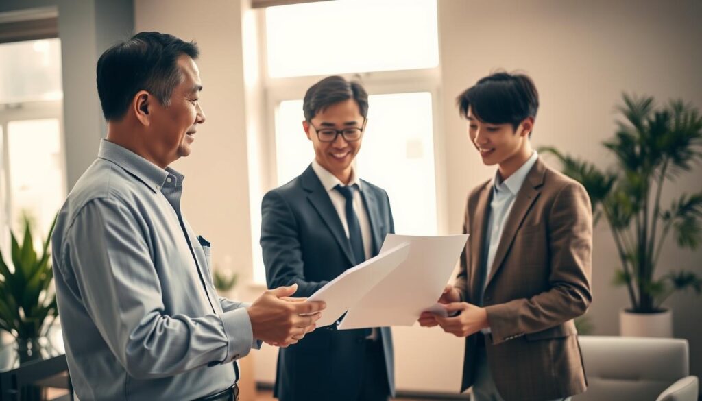 A neatly organized office setting, with a middle-aged Japanese man handing over documents to a younger colleague. Soft, natural lighting from a nearby window casts a warm glow, creating an atmosphere of professionalism and transition. The older man's expression is calm and composed, while the younger one listens intently, absorbing the details of the handover. In the background, potted plants and sleek, minimalist furniture suggest a modern, well-appointed workspace. The scene conveys a sense of passing the torch, a measured transfer of knowledge and responsibility as the elder prepares to depart and the junior steps up to assume their new role.