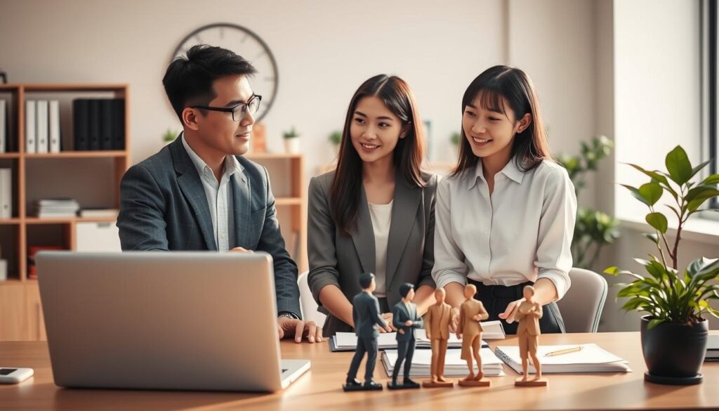 A neatly organized office space, bathed in warm, natural lighting. On the desk, a laptop, a stack of career resources, and a potted plant adding a touch of life. In the foreground, three young, professional-looking individuals - a diverse group of Japanese-inspired figures - engaged in a thoughtful discussion, their expressions conveying a sense of determination and guidance. The background showcases a modern, minimalist decor, hinting at the supportive environment that empowers career transitions. The scene exudes a sense of focus, collaboration, and the resources available to navigate the path of professional growth.