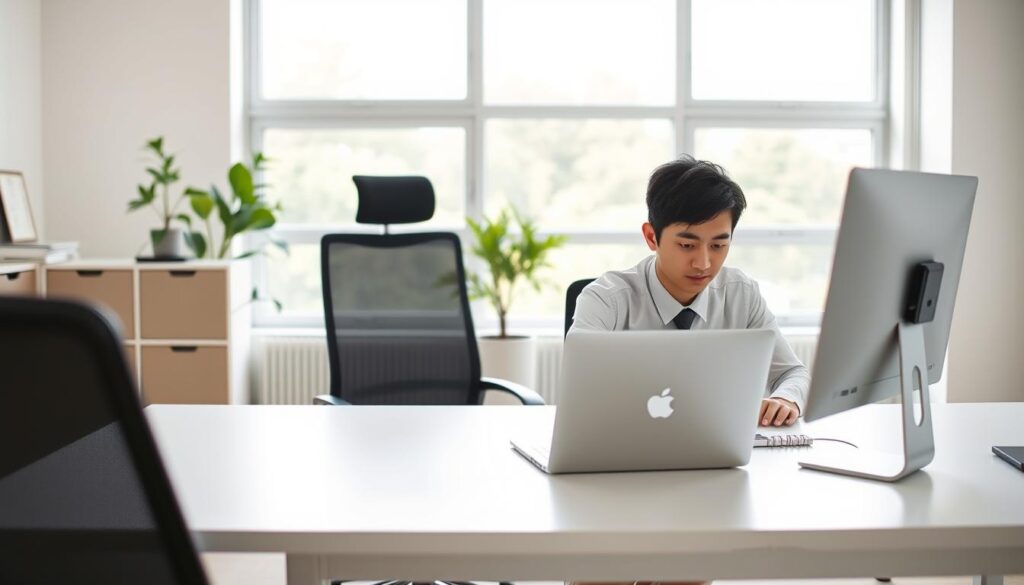 A neatly organized office space with a modern, minimalist aesthetic. In the foreground, a young Japanese professional in business attire sits at a clean, uncluttered desk, deeply focused on their laptop screen. The middle ground features a strategically placed potted plant and a sleek, ergonomic chair. The background showcases large windows allowing natural light to flood the room, creating a sense of openness and tranquility. The lighting is soft and even, accentuating the clean lines and neutral color palette. The overall scene conveys a sense of control, efficiency, and self-direction, reflecting the "self-managed career transition" theme.