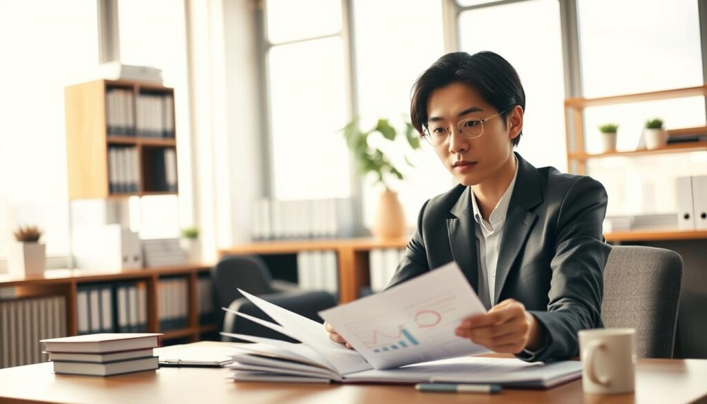 A neatly organized office space, with a young Japanese-looking professional sitting at a desk, contemplating financial documents and charts. Warm, diffused lighting filters through large windows, casting a serene glow. In the background, shelves filled with accounting books and a minimalist decor create a sense of focus and discipline. The subject's expression conveys a mixture of determination and careful consideration as they plan their transition to a freelance career, meticulously outlining their financial strategy. The scene exudes a mood of thoughtful preparation and cautious optimism.