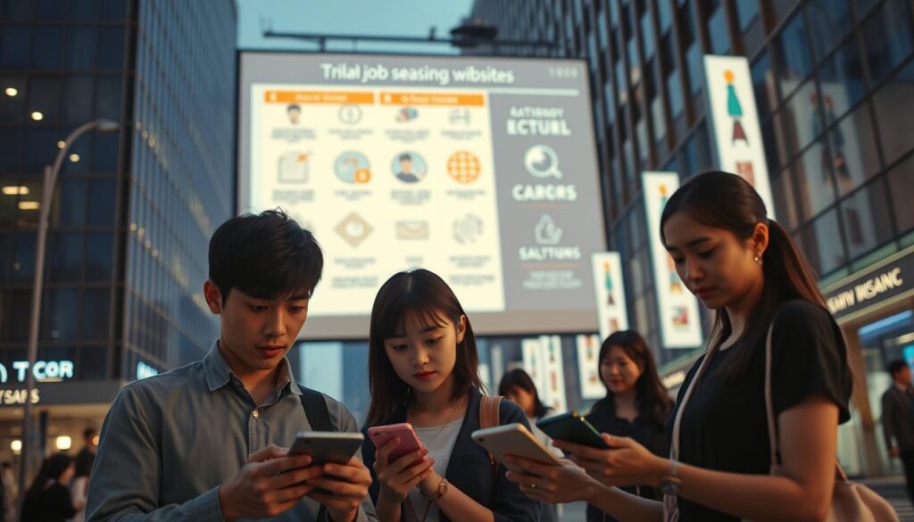 A neon-lit street at dusk, casting a warm glow on a group of young Japanese professionals standing in front of a sleek, modern office building. In the foreground, three individuals - a man and two women - scrutinize their phones, their brows furrowed in concentration. Behind them, a projection screen displays a series of cautionary icons and infographics, highlighting the potential pitfalls of using job search websites. The scene conveys a sense of uncertainty and apprehension, as the figures navigate the complexities of the job market.