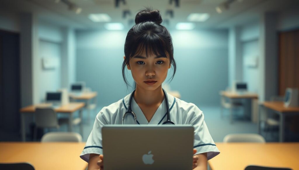 A pensive young Japanese nurse stands in the foreground, her brow furrowed as she contemplates a job search website on her laptop. The midground features a dimly lit office environment, with desks and chairs in muted tones. In the background, a sense of uncertainty and hesitation pervades the scene, conveying the nurse's reluctance to engage with the job portal. Soft, diffused lighting creates a contemplative mood, emphasizing the nurse's introspective expression. The overall atmosphere suggests the potential downsides of relying solely on job search websites for nurses seeking new opportunities.