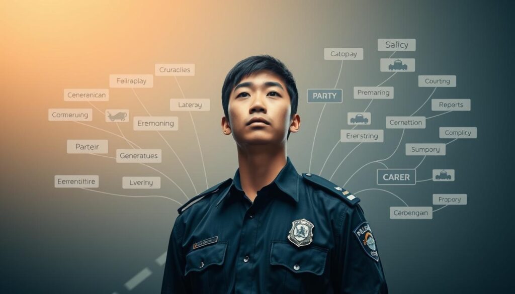 A police officer stands at a crossroads, their uniform neatly pressed, gaze focused and determined. Beside them, a diverse array of career paths unfold, each reflecting the transferable skills honed through their law enforcement experience. Soft lighting illuminates the scene, casting a contemplative mood as the officer considers their next steps, their years of disciplined problem-solving, crisis management, and interpersonal communication skills ready to be applied in a new professional setting. The young Japanese-looking model exudes a sense of poise and confidence, ready to embark on a new chapter, their police background a foundation for a myriad of exciting opportunities.