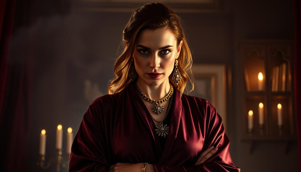 A professional fortune teller standing confidently, their gaze intense and piercing, conveying an aura of mysticism and authority. Elegant robes in deep, jewel-toned hues cascade around them, complemented by delicate jewelry and ornaments that hint at their specialized knowledge. The background is dimly lit, with soft, warm lighting illuminating their features and creating an air of mystery. The scene is captured with a sharp, cinematic lens, drawing the viewer's attention to the fortune teller's commanding presence and the allure of their craft.