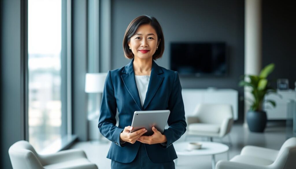 A professional, well-dressed Japanese woman, in her mid-30s, standing confidently in a modern office setting. She is wearing a crisp, navy blue business suit and holding a tablet in her hands, conveying a sense of authority and expertise. The office environment features sleek, minimalist furniture and large windows that let in soft, diffused natural light, creating a calming, sophisticated atmosphere. The woman's expression is focused and determined, reflecting the skills and qualifications required for her specialized, in-demand profession. The scene evokes a sense of a successful, career-oriented single mother who has found a fulfilling, stable job that aligns with her lifestyle and needs.