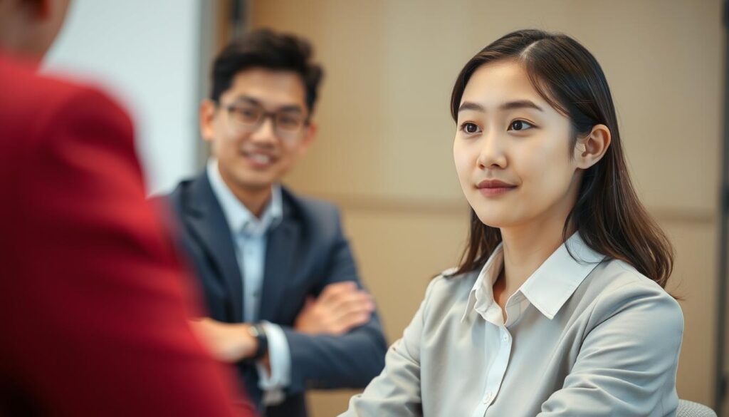 A professional, well-lit studio setting showcasing a young, Japanese-looking individual confidently participating in a job interview. The candidate sits upright, maintaining eye contact with the interviewer, conveying a sense of focus and poise. The background features a subtle, blurred office-like environment, with clean lines and a neutral color palette to emphasize the subject. Soft, directional lighting accentuates the candidate's features, creating a sense of professionalism and composure. The overall atmosphere is one of preparation, confidence, and a keen understanding of effective interview techniques.