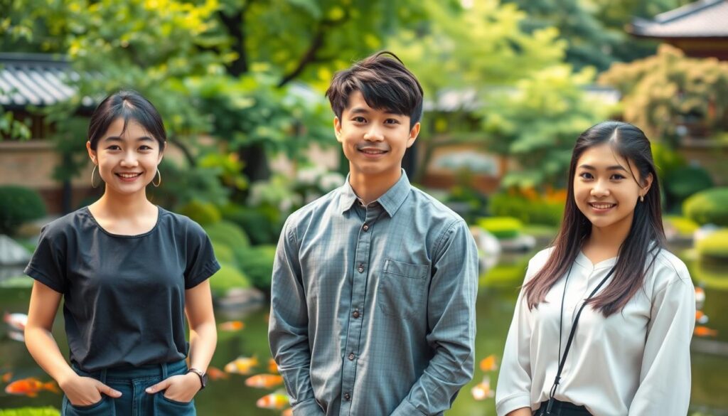 A serene Japanese garden backdrop, with lush greenery and a tranquil koi pond. In the foreground, three young Japanese professionals stand confidently, showcasing the benefits of being a post-graduate. Their expressions radiate a sense of purpose and direction, contrasting with the uncertainty often associated with this stage of life. Soft, natural lighting casts a warm glow, highlighting their youthful features and professional attire. The overall scene conveys the advantages of being a post-graduate, such as increased maturity, work experience, and a clear career path.