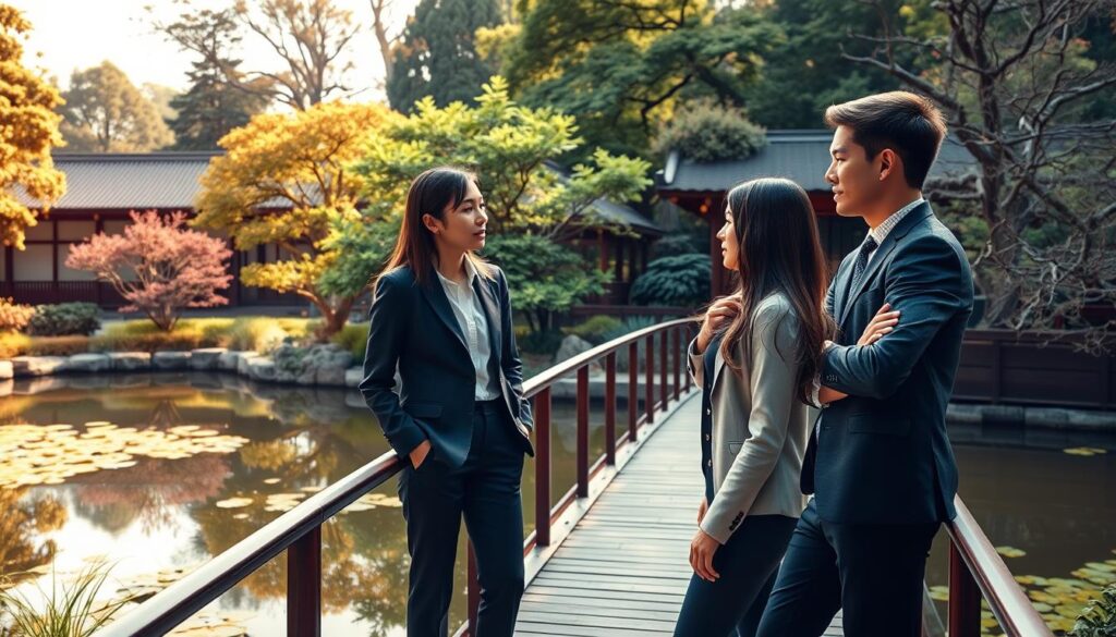 A serene Japanese garden setting, with a bridge over a tranquil pond and lush foliage in the background. In the foreground, three young professionals, smartly dressed, stand on the bridge, engaged in a thoughtful discussion. Warm, natural lighting illuminates their faces, conveying a sense of focused determination. The scene evokes a process of careful consideration, as the individuals navigate the steps towards a successful career transition to a new industry. The overall mood is one of contemplation and forward progress, mirroring the article's exploration of the key strategies for a rewarding cross-industry move.