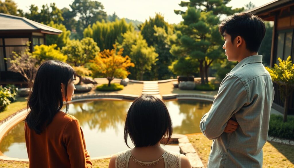 A serene Japanese-inspired garden, with a minimalist pond and stepping stones leading to a lush green backdrop. In the foreground, three young, dark-haired Japanese individuals are gathered, deeply engaged in a discussion about investment returns. The scene is captured with a sharp, realistic photographic lens, bathed in warm, natural lighting that casts soft shadows, conveying a sense of contemplation and financial deliberation.