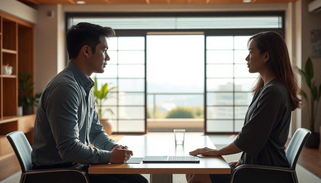 A serene Japanese-inspired office setting, with two young professionals, a man and a woman, engaged in a thoughtful discussion about the pros and cons of a career change. Soft, natural lighting illuminates the scene, creating a contemplative atmosphere. The foreground showcases the pair, their expressions and body language conveying the weight of their conversation. The middle ground features a minimalist, elegant workspace with clean lines and subtle design elements. The background suggests a tranquil outdoor view, perhaps a garden or a calming cityscape, adding to the sense of balance and introspection. The overall mood is one of quiet contemplation, capturing the nuanced considerations of a career transition between industries.