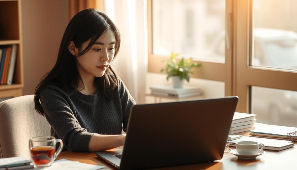 A serene Japanese mother sitting at a table, focused on her laptop, surrounded by various work materials and a cup of tea. Soft natural lighting filters through the window, casting a warm glow. The scene exudes a sense of quiet industriousness and dedication, reflecting the daily realities of a working single mother. Her facial features are youthful and delicate, her black hair framing her thoughtful expression. The overall mood is one of quiet determination and resilience.