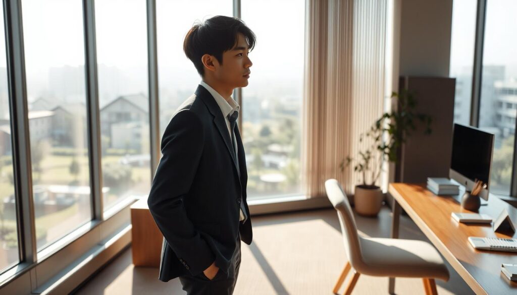 A serene Japanese office scene, illuminated by soft natural light filtering through large windows. In the foreground, a young professional stands contemplatively, their expression conveying a sense of thoughtfulness and resolve. They are dressed in a crisp, understated business attire, conveying a sense of dignity and poise. The middle ground features a minimalist, well-appointed workspace, with a neatly organized desk and a few personal touches that hint at the individual's personality. In the background, a tranquil landscape of gardens and buildings can be seen, creating a calming, meditative atmosphere. The overall mood is one of quiet contemplation and inner focus, reflecting the mindset of someone preparing for a graceful, harmonious departure from their workplace.