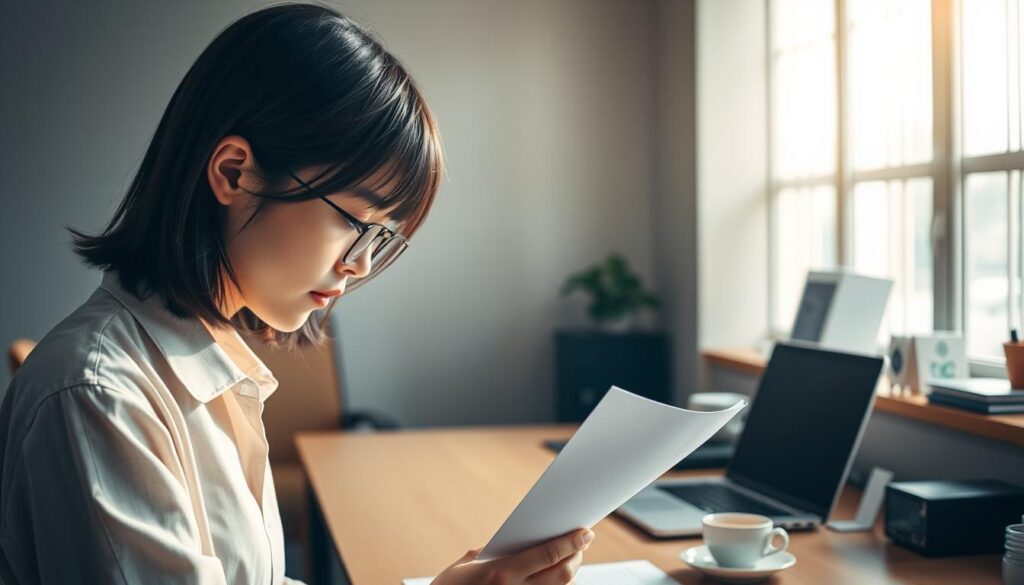 A serene Japanese office setting, bathed in soft, natural lighting. In the foreground, a young professional, head slightly bowed, thoughtfully contemplating a letter in their hands - the resignation notice they are about to submit. Their facial expression conveys a mix of determination and trepidation, reflecting the gravity of their decision. The middle ground features a neatly organized desk, with a laptop, a few personal mementos, and a cup of tea, hinting at the subject's diligence and attention to detail. In the background, a muted, minimalist decor creates a calming, focused atmosphere, allowing the viewer to empathize with the character's introspective moment. The overall mood is one of quiet contemplation, as the subject prepares to take the next step in their career.