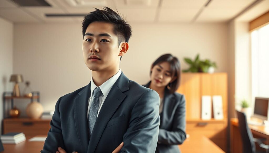 A serene Japanese office setting, bathed in warm, natural lighting. In the foreground, a young professional man in a crisp suit stands contemplatively, his brow furrowed as he considers his next career move. Behind him, a woman of similar age and appearance leans in, offering encouragement and guidance. The background is a tastefully decorated workspace, with clean lines, subtle earth tones, and a sense of tranquility that belies the weighty decision at hand. The mood is pensive yet hopeful, capturing the essence of a common conundrum faced by civil servants seeking new challenges and fulfillment.