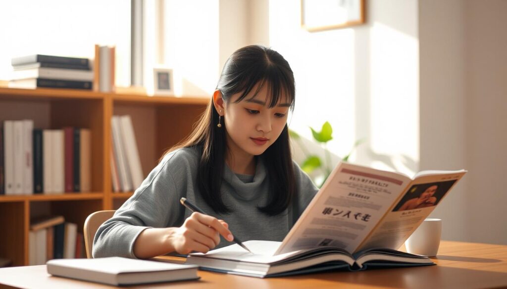 A serene Japanese student sits at a desk, intently studying a textbook, their face a picture of determination. Soft natural lighting filters through the window, casting a warm glow on the scene. In the background, a bookshelf and potted plant create a cozy, focused atmosphere. The young person's expression conveys a sense of focus and dedication as they prepare for their public service exam. The overall mood is one of diligence and perseverance, reflecting the challenges and rewards of the journey towards a career in government.