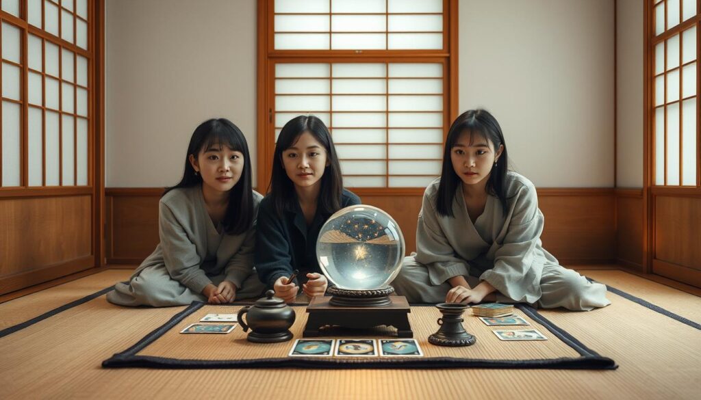 A serene Japanese-style room with soft, diffused lighting. On a low table, an elegant divination setup - a crystal ball, tarot cards, and other mystical accoutrements. Three young, dark-haired Japanese individuals are seated around the table, their faces captured in a realistic photographic style. They are intently focused on the divination, their expressions conveying a sense of wonder and anticipation. The atmosphere is one of tranquility and introspection, capturing the essence of the modern online divination experience.