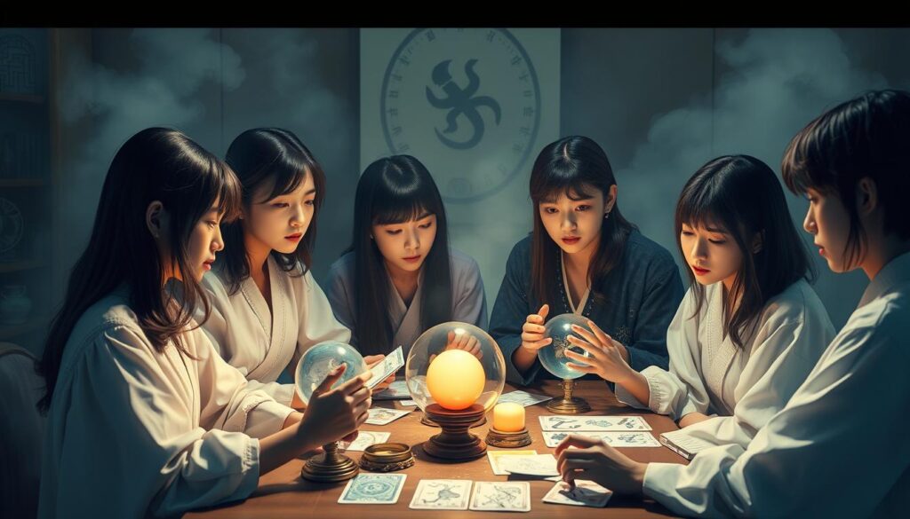 A serene and mystical scene, where a group of young Japanese individuals, their features delicately rendered, are gathered around a table, deeply immersed in the practice of divination. Soft, diffused lighting creates an atmosphere of introspection, as they intuitively combine various divination tools - such as tarot cards, crystal balls, and astrological charts - to unveil the secrets of the universe. The scene exudes a sense of wisdom, balance, and a deep connection to the unseen forces that guide our lives.