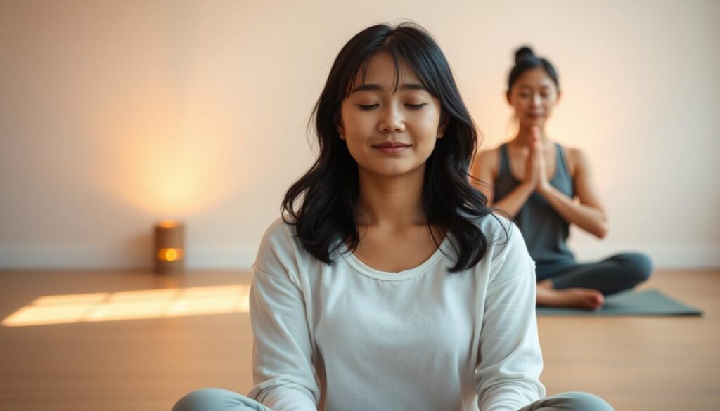 A serene and tranquil scene of young Japanese-looking individuals practicing mindfulness and self-care. In the foreground, a woman sits cross-legged on a cushion, her eyes closed in deep meditation, her expression peaceful and calm. Behind her, two others engage in gentle yoga poses, their movements fluid and graceful. The background is softly lit, with warm, diffused lighting creating a soothing, contemplative atmosphere. The scene evokes a sense of inner balance, emotional well-being, and the restorative power of mental health practices. The realistic, photographic style captures the intimate, personal nature of the moment.
