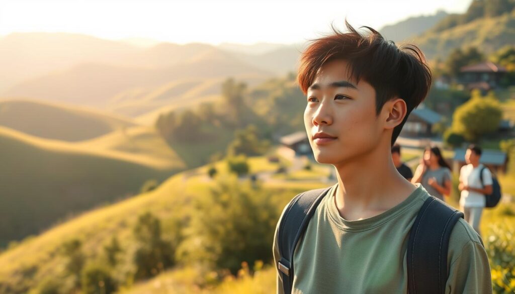 A serene countryside landscape, bathed in warm sunlight. In the foreground, a young Japanese man stands contemplatively, gazing out over rolling hills and lush greenery. His expression reflects a sense of contentment and purpose, as if he has found his true calling in this tranquil setting. In the middle ground, a group of friends, also youthful and vibrant, engage in lively conversation, hinting at the social connections and community that can blossom in a rural environment. The background reveals a quaint village, its traditional architecture blending seamlessly with the natural surroundings, conveying the harmony and opportunity that rural living can offer. The scene exudes a sense of balance, fulfillment, and the potential for a fulfilling, purposeful life in the countryside.