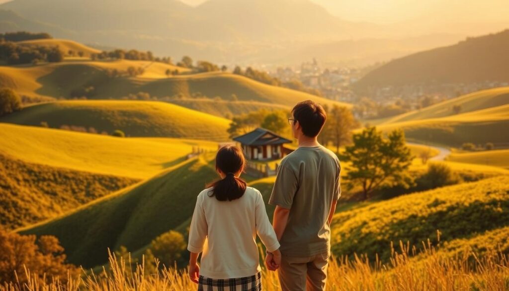 A serene countryside landscape, with rolling hills and lush greenery. In the foreground, a young Japanese couple stands hand-in-hand, gazing out at the breathtaking view. The warm, golden sunlight bathes the scene, creating a sense of tranquility and contentment. The couple's expressions reflect the joy and fulfillment of their new life in the rural area, a stark contrast to the bustling city they left behind. In the middle ground, a quaint traditional-style house nestled among the trees, a symbol of their newfound peace and harmony. The background features a distant village, its charming buildings and winding streets hinting at the rich cultural heritage of the region. The overall atmosphere conveys the profound benefits of the couple's decision to embrace a life of simplicity, connection with nature, and a slower, more fulfilling pace.