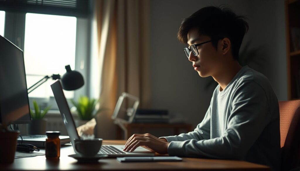 A serene, dimly lit home office setting with a young Japanese-looking individual sitting at a desk, intently focused on their laptop. The scene conveys a sense of contemplation and preparation, as the person plans their transition to a freelance career. Soft natural lighting filters through a nearby window, casting a warm, pensive glow. The desk is neatly organized, with a few personal items and a cup of steaming tea, suggesting a thoughtful, deliberate approach to this important life decision. The background is slightly blurred, keeping the attention on the central figure and their moment of contemplation.
