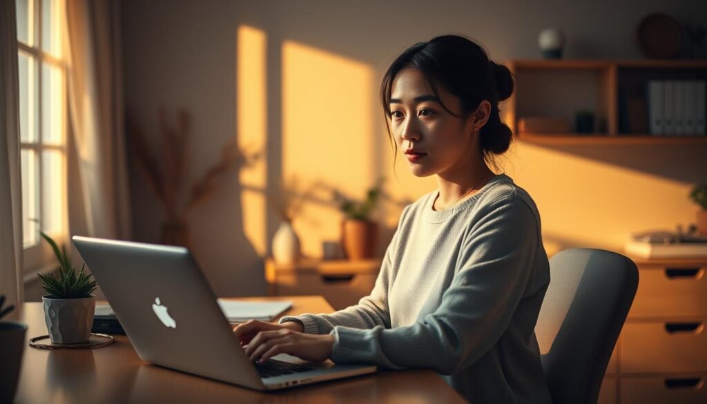 A serene, dimly lit home office, where a young, focused Japanese-looking single mother sits at her desk, laptop open before her. She exudes a quiet determination, her expression thoughtful as she navigates the challenges of balancing work and family life. The room is bathed in warm, golden light, casting a cozy, introspective atmosphere. Minimalist decor and natural textures create a calming, organized environment that reflects her practical yet sophisticated approach to her work-life balance. The scene conveys a sense of quiet resilience and the pursuit of an ideal working lifestyle that aligns with her personal needs as a single parent.
