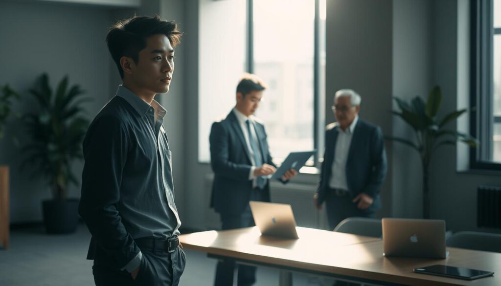 A serene, dimly lit office setting showcasing the diverse career trajectories of young Japanese professionals. In the foreground, a well-dressed individual stands in contemplation, representing the 20-30 age group. In the middle ground, a confident mid-career professional navigates a laptop, symbolizing the 30-40 age range. In the background, a seasoned executive gazes out a window, embodying the wisdom and experience of the 40-50 age bracket. Soft, directional lighting from the side accentuates their features, creating a sense of depth and introspection. The scene conveys the nuanced, age-specific strategies for successful job transitions in the Japanese corporate landscape.