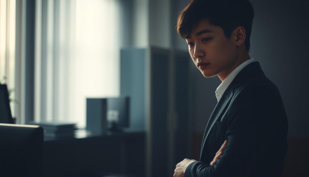 A serene, dimly lit office setting. A young Japanese professional, their face expressing a mix of apprehension and resolve, standing before their boss's desk, gently conveying their resignation. The scene is bathed in a warm, muted light, creating an atmosphere of thoughtful contemplation. The background is softly blurred, allowing the focus to remain on the poignant exchange. The composition and lighting evoke a sense of professionalism and sensitivity, reflecting the delicate nature of this career transition.