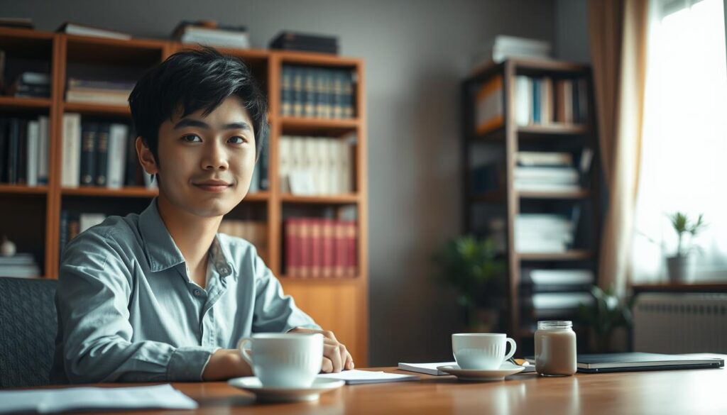 A serene, dimly lit office setting. In the foreground, a young Japanese-looking professional sitting at a desk, their expression conveying a sense of empathy and trustworthiness. On the desk, a cup of tea and a few carefully arranged personal items, suggesting a warm, personalized atmosphere. The middle ground features a bookshelf filled with volumes on counseling and self-improvement, hinting at the individual's expertise and dedication. The background is softly blurred, creating a sense of focus on the central figure. Subtle lighting from a nearby window casts a gentle glow, fostering an air of approachability and comfort. The overall scene evokes a feeling of building client trust through a thoughtful, personalized approach.