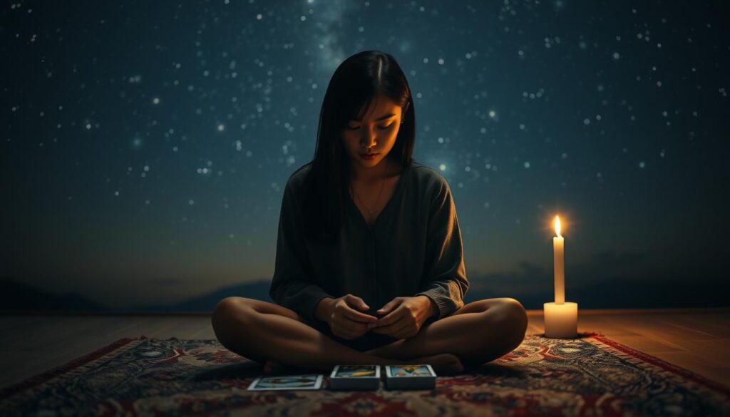 A serene, dimly lit room set against the tranquil backdrop of a starry night sky. In the foreground, a young Japanese-looking woman, her black hair gently framing her face, sits cross-legged on a plush, oriental-style rug. Her hands rest calmly on her lap as she gazes intently at a set of tarot cards arranged before her. The atmosphere is one of focus and quiet contemplation, hinting at the journey of discovery and personal growth that lies ahead for this aspiring diviner. Soft, warm lighting from a single candle creates a cozy, introspective mood, drawing the viewer into the scene. The overall impression is one of a natural, realistic depiction of the first steps towards a new career path.