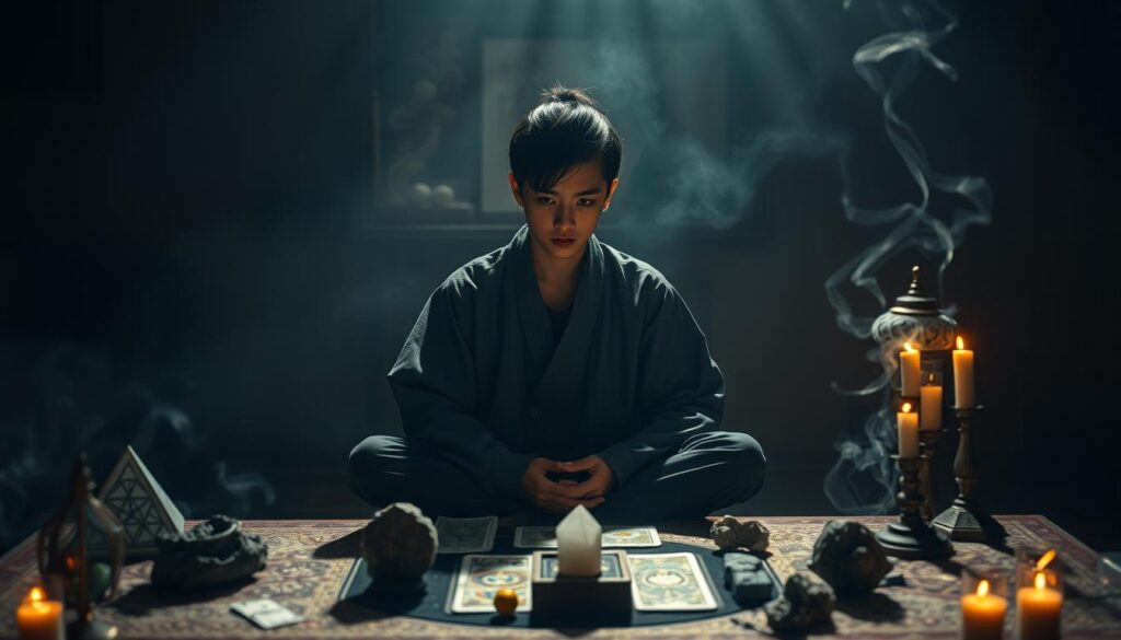 A serene, dimly lit room, where a young, enigmatic Japanese fortune-teller sits cross-legged, their features cast in a warm, contemplative glow. The table before them is adorned with mystical symbols, tarot cards, and crystals, casting intricate shadows across their focused expression. Wisps of incense drift through the air, creating an atmosphere of introspection and discovery. The background is hazy, evoking a sense of timelessness, as the fortune-teller delves deeply into their continued study of the arcane arts, seeking to hone their intuitive abilities and expand their knowledge.
