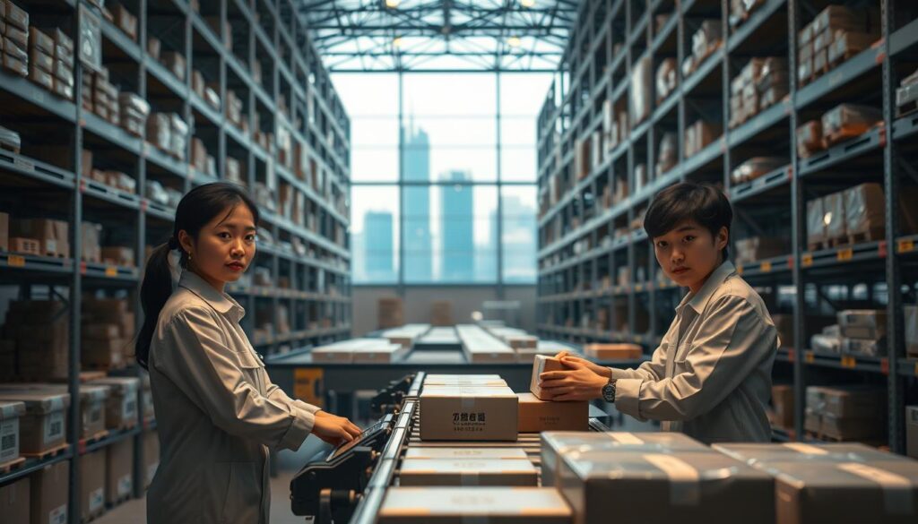 A serene, dimly lit warehouse interior, bathed in warm, diffuse lighting. In the foreground, three young, serious-faced Japanese workers in matching uniforms carefully inspect packages on an automated conveyor belt. The middle ground reveals rows of towering metal shelves stocked with a diverse array of goods, hinting at the global scope of the operation. In the background, a large window offers a glimpse of a modern city skyline, symbolizing the interconnectedness of the world. The scene conveys a sense of efficiency, precision, and the challenges of managing a globally integrated supply chain.