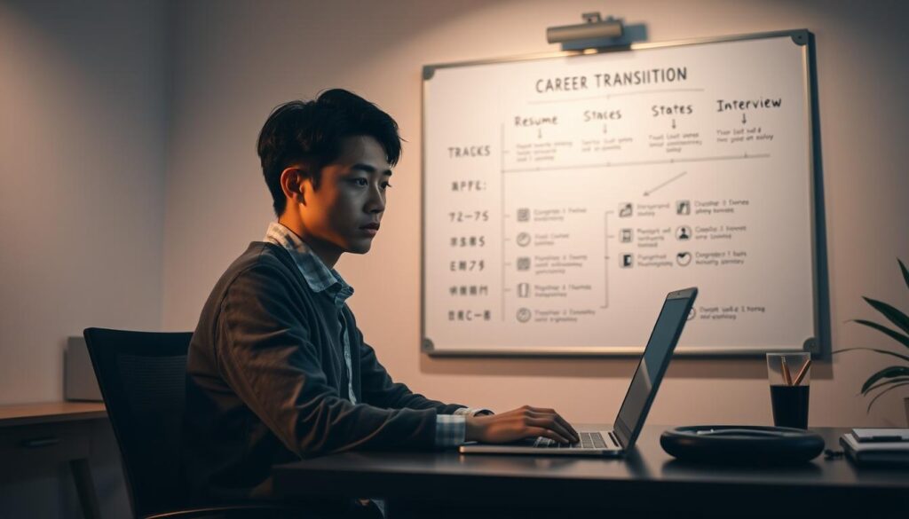 A serene, dimly lit workspace with a young Japanese professional sitting at a desk, intently focused on their laptop. Soft, warm lighting casts a pensive glow, complemented by a minimalist, clean-lined office environment. In the background, a large whiteboard displays a detailed roadmap, outlining the various stages of a career transition journey - from résumé preparation to the final stages of the interview process. The model's expression conveys a sense of determination and purpose, reflecting the thoughtful planning and strategizing involved in navigating a successful job change. The scene exudes a mood of quiet contemplation and forward-looking optimism.