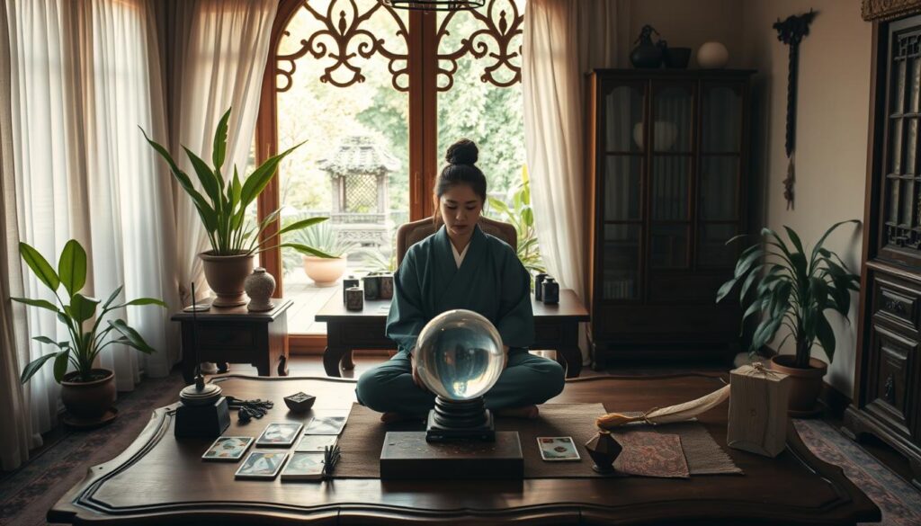 A serene, minimalist home office with a large, ornate wooden desk and a crystal ball at its center. Soft, warm lighting filters in through sheer curtains, casting a cozy glow. On the desk, an array of divination tools - tarot cards, runes, incense, and a quill and ink set. In the foreground, a young, focused Japanese woman in traditional attire sits cross-legged, her eyes closed as she concentrates on her craft. The background features lush, verdant plants and a large, ornate window that offers a view of a tranquil, zen-like garden. An aura of mysticism and tranquility permeates the scene.