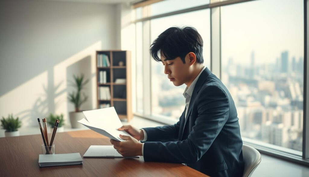 A serene, minimalist office setting with natural lighting pouring in through large windows. In the foreground, a young Japanese professional sits at a wooden desk, thoughtfully reviewing documents and considering their career transition. The middle ground features a bookshelf and potted plants, creating a sense of contemplative ambiance. The background showcases a panoramic city skyline, hinting at the broader context and opportunities beyond. The overall mood is one of introspection and careful evaluation, as the subject aims to deeply understand the values and culture of their prospective new workplace.