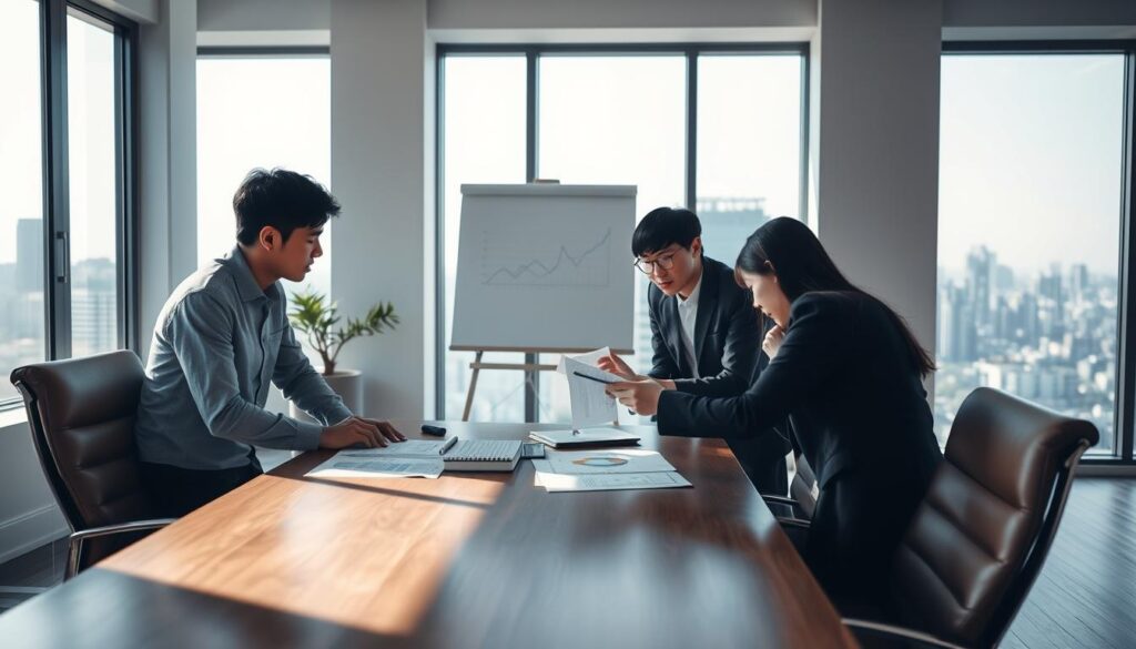 A serene, minimalist office space showcasing a team of young, Japanese-looking professionals engaged in a focused investment strategy discussion. Soft, natural lighting filters through large windows, casting a warm glow on the clean, modern furnishings. The foreground features a wooden conference table surrounded by leather chairs, where three colleagues lean in, intently examining financial documents. In the middle ground, a whiteboard displays charts and graphs, while the background reveals a panoramic city skyline, hinting at the broader business landscape. The overall atmosphere conveys a sense of thoughtful deliberation and strategic planning around venture capital investments.