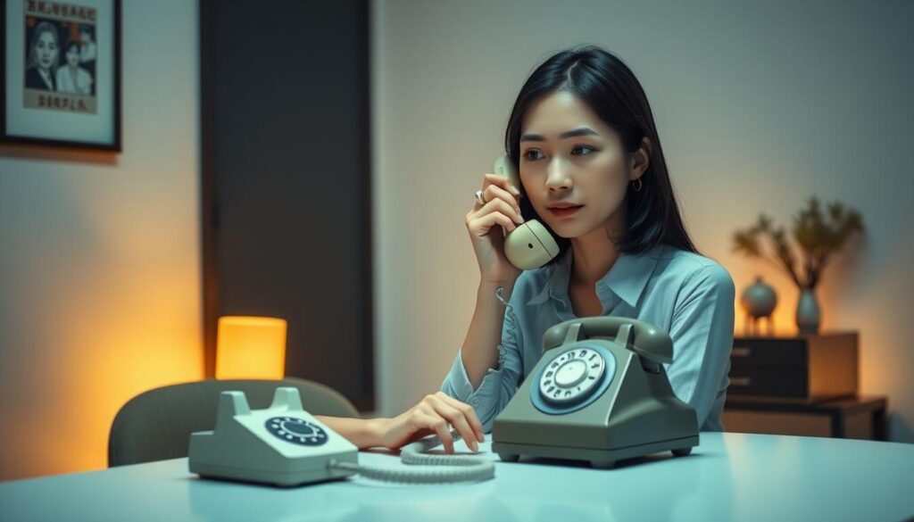 A serene, minimalist scene of a young Japanese woman dressed in a casual, contemporary outfit, sitting comfortably at a desk with a vintage-style telephone in front of her. Soft, warm lighting illuminates her focused expression as she engages in a thoughtful, insightful telephone divination session. The background features a simple, clean-lined interior with subtle decorative elements that evoke a sense of tranquility and professionalism. The overall mood conveys a sense of expertise, trust, and a deep connection between the diviner and the client, capturing the essence of a successful telephone fortune-telling service.