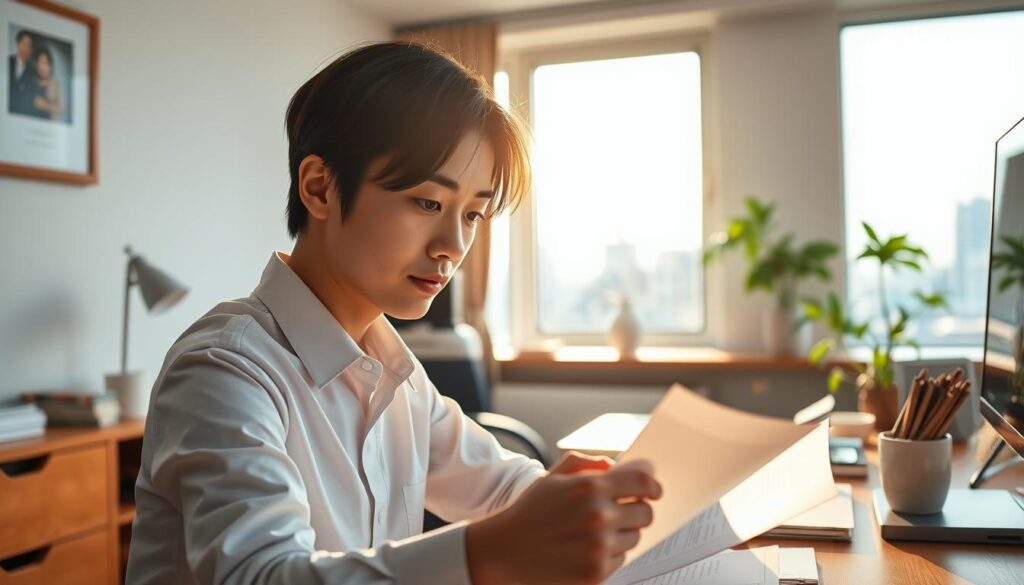 A serene office scene showcasing a young Japanese public servant's work-life balance. In the foreground, a focused professional reviews documents with a contemplative expression, bathed in warm, natural lighting. The middle ground reveals a cozy, minimalist workspace, with a potted plant and personal items hinting at a harmonious work environment. In the background, a window overlooks a tranquil urban landscape, conveying a sense of balance and well-being. The scene exudes a measured, thoughtful atmosphere, capturing the essence of the public servant's rewarding career.