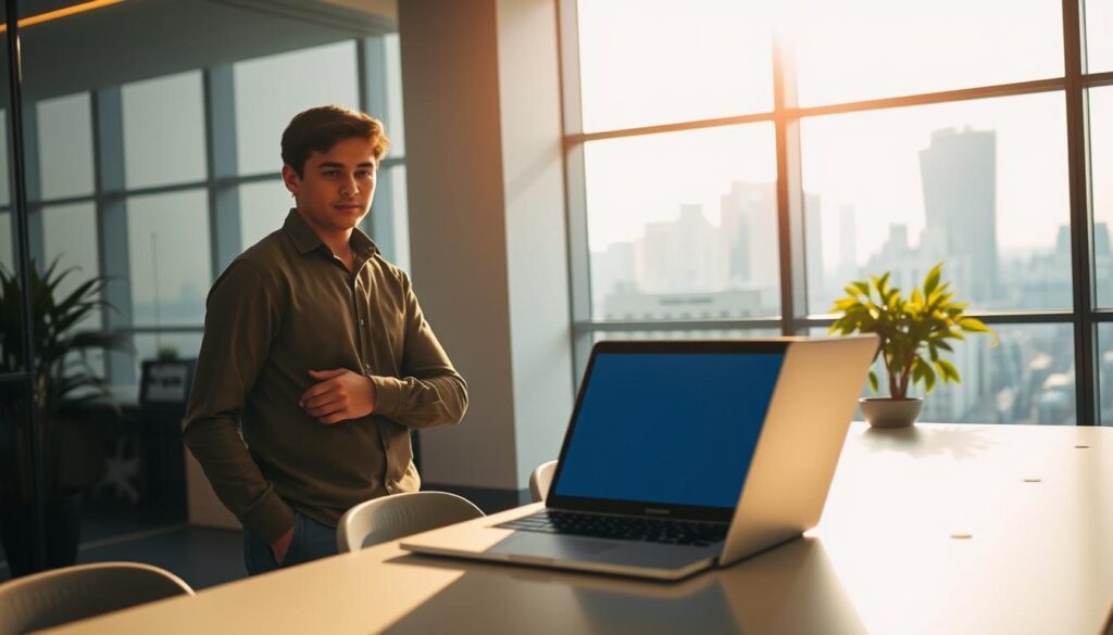 A serene office setting, bathed in warm lighting. In the foreground, a young professional stands thoughtfully, their gaze focused on a laptop screen displaying a career path diagram. The middle ground features a neatly organized desk with a minimalist aesthetic, hinting at the methodical nature of the job search process. In the background, a calming view of a cityscape through floor-to-ceiling windows, suggesting a sense of opportunity and possibility. The scene conveys a focused, yet contemplative mood, capturing the essence of a measured, strategic approach to navigating a career transition.