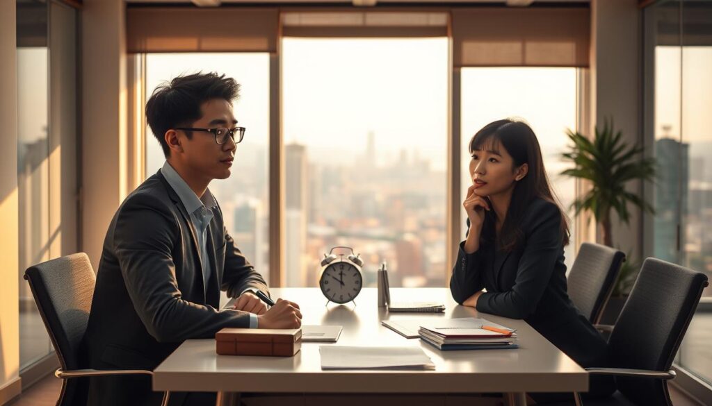 A serene office setting, bathed in warm, natural light. In the foreground, two young Japanese-looking professionals, a man and a woman, sit across a desk, engaged in a thoughtful discussion. Their expressions convey both the excitement and apprehension of considering a career change. The middle ground features a subtle blend of iconic symbols representing the pros and cons of job transitions - a briefcase, a clock, a chart, and a stack of documents. The background showcases a panoramic view of a bustling cityscape, hinting at the wider opportunities and challenges that come with a shift in one's professional path. The overall mood is introspective, capturing the nuanced decision-making process of contemplating a career move in the manufacturing and logistics industries.