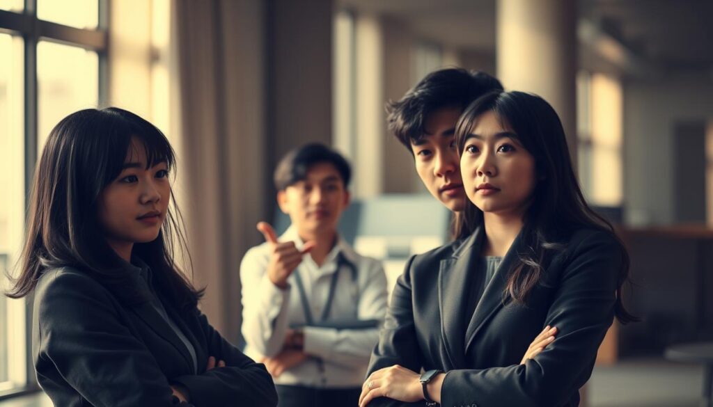 A serene office setting, bathed in warm, natural light. Three young, dark-haired Japanese-looking professionals stand in the foreground, their expressions somber and cautious. In the middle ground, a colleague gestures emphatically, their body language signaling a warning. The background is blurred, but suggests a professional environment. The mood is contemplative, as the subjects consider actions to avoid in their careers. Captured with a shallow depth of field, crisp focus on the central figures, and muted color palette to convey the gravity of the situation.