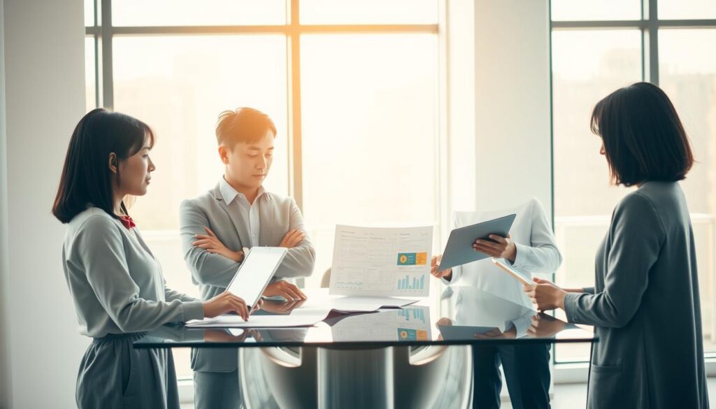 A serene office setting, bathed in warm, natural lighting from large windows. Three young, professional-looking Japanese individuals - a man and two women - stand around a sleek, glass-topped table, engaged in a serious discussion. Their expressions are thoughtful, brows furrowed as they review documents and datasets displayed on a laptop and tablet. The room has a minimalist, modern design, with clean lines and muted colors that evoke a sense of order and control. This scene captures the essence of risk management, as the team carefully navigates the challenges and uncertainties faced by a venture enterprise.