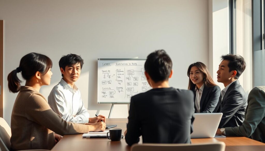 A serene office setting, bathed in warm, natural lighting that filters through large windows. In the foreground, a group of young Japanese professionals, their expressions thoughtful and focused, gathered around a conference table. They are engaged in a discussion, their body language conveying a sense of camaraderie and determination. In the middle ground, a whiteboard displays concise, well-organized notes and diagrams, guiding their conversation towards strategies for a successful career transition. The background is clean and minimalist, emphasizing the importance of the task at hand. The overall atmosphere is one of careful planning, mutual support, and a shared commitment to avoiding the pitfalls of a job change.