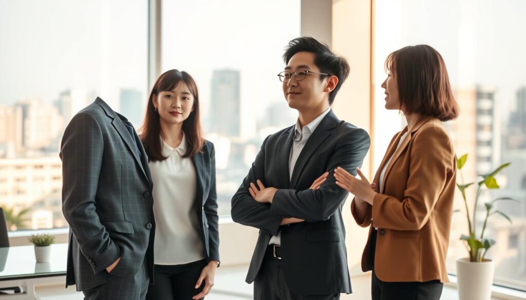 A serene office setting, bathed in warm, natural lighting that filters through large windows. In the foreground, three young, professionally-dressed Japanese individuals - a man and two women - stand together, their expressions contemplative yet hopeful. They appear to be discussing the potential benefits of a career change, their body language conveying a sense of excitement and newfound purpose. The middle ground showcases a clean, minimalist workspace, with stylish furnishings and a hint of greenery, creating a calming, productive atmosphere. In the background, a cityscape can be seen through the windows, hinting at the broader opportunities that await beyond the confines of their current roles. The overall scene evokes a sense of anticipation and the promise of a brighter, more fulfilling future.